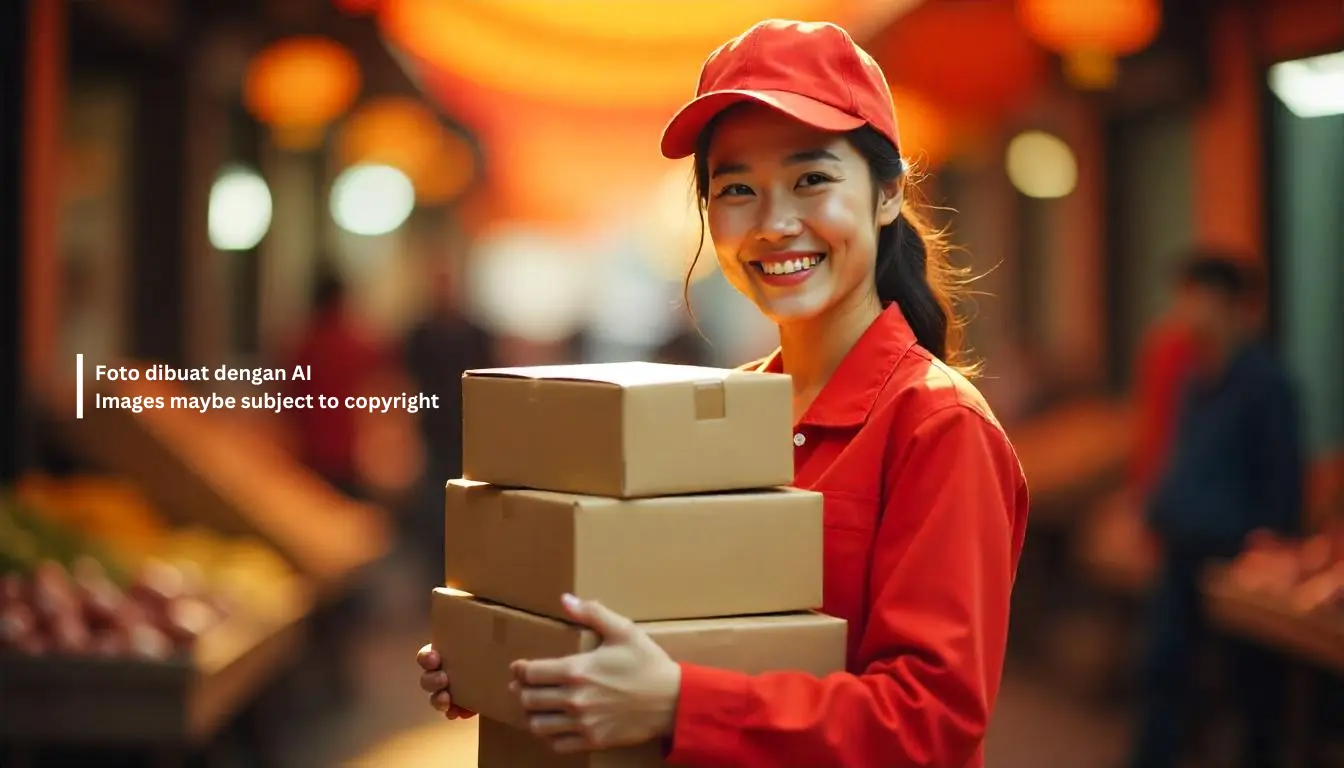 Seorang kurir sedang mengantarkan paket dropship kepada konsumen